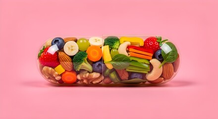 Transparent Capsule Filled with Fresh Fruits, Vegetables, and Nuts on Pink Background