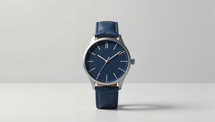 elegant blue watch with leather strap displayed on a neutral background for fashion accessories promotion