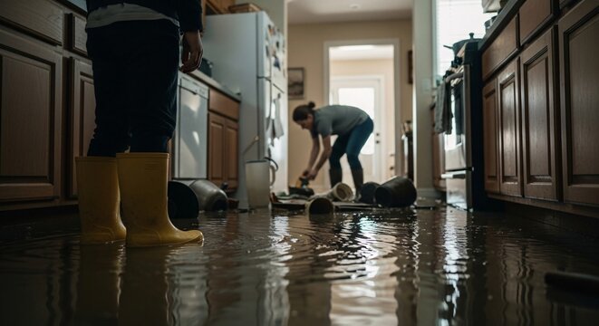 Home flooding emergency repair scene with workers fixing water damage in kitchen after flood disaster and cleaning up water intrusion in residential property