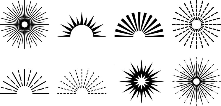 Intricate collection of black and white sunburst designs in vector illustration