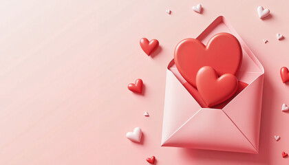 two red hearts inside a pink envelope surrounded by smaller hearts on a light pink background for Valentine's Day greeting cards and romantic messages, with copy space