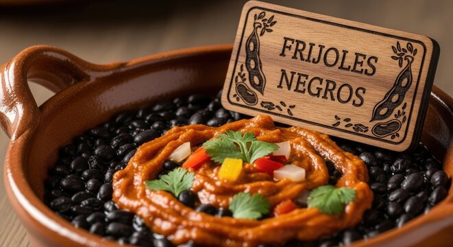 Elegant Frijoles Negros Bowl - Black Beans with Sofrito Swirl and Engraved Guayac&aacute;n Wood Sign under Essential Lighting