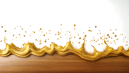A dynamic splash of thick yellow liquid creates a beautiful wave pattern on a wooden surface transparent background