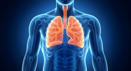 Glowing Blue Human Torso with Highlighted Orange Lungs and Trachea 3D Medical Illustration