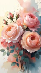 Blush-pink and peach roses watercolor painting. Soft, light, dreamy, painterly floral illustration. Wallart, phone case.