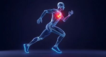 3D Render of Running Male Figure with Visible Muscular System and Glowing Red Heart