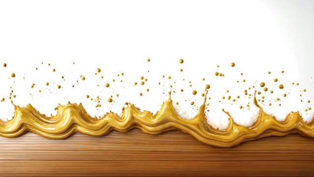 A dynamic splash of thick yellow liquid creates a beautiful wave pattern on a wooden surface transparent background - Powered by Adobe