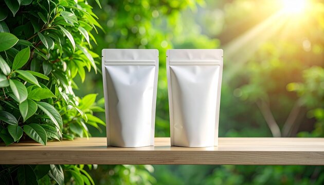 Minimalist Two Blank White Stand-Up Doypack Pouches Mockup on a Wooden Shelf, Bathed in Sunlight Against a Lush Green Natural Background, Perfect for Eco-Friendly Product Display