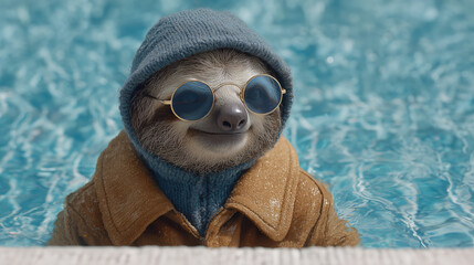 Cool Sloth with Sunglasses in Pool Stylish Vacation Luxury Leisure