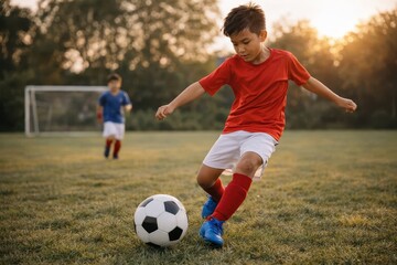Obraz premium Asian Young Boy Kicking Soccer Ball on Green Field During Golden Hour Sunset Sports Action
