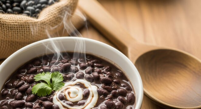 Creamy Cuban Frijoles Negros - Steaming Black Beans with Sofrito and Negative Space Above