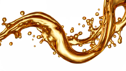 Thick golden liquid splashing and dripping against a black background with high reflections transparent background
