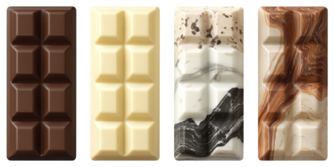 Four Chocolate Bars Dark White Marble and Swirls on Transparent Background