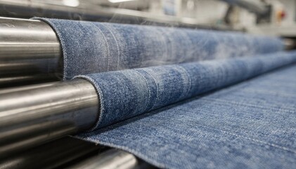 Closeup of denim fabric undergoing sanforizing preshrink treatment highlighting controlled compressive shrinkage to ensure stable fit before garment cutting.