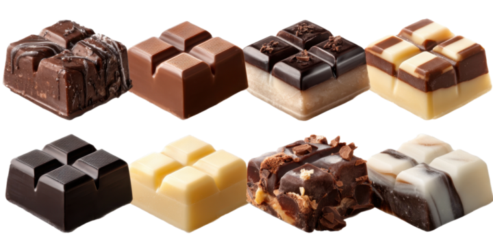 Eight Chocolate Cube Assortment Dark White Milk Marble and Swirls on Transparent - Powered by Adobe
