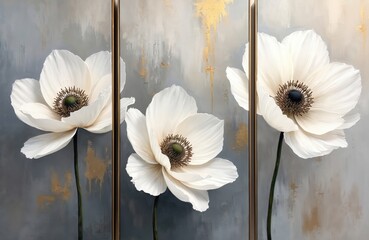 Triptych wall art features large white flowers with textured grey and gold backgrounds. Elegant floral artwork perfect for modern home decor and interior design schemes.