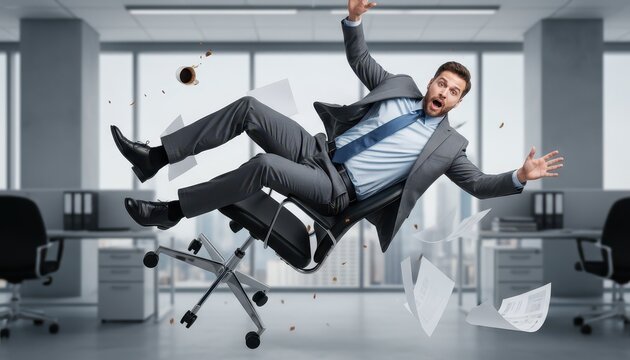 Businessman falling from office chair with spilling coffee and flying papers in a modern workplace