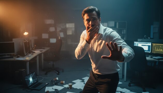 Panicked Office Worker Covering Mouth in Shock During a Data Breach or Emergency Situation