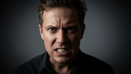 Obraz premium Portrait of a Furious Middle-Aged Man Showing Intense Anger and Rage on Dark Background