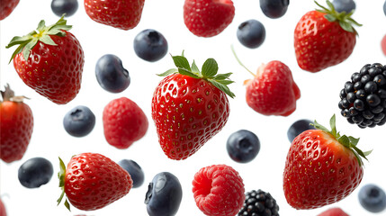 Ultra realistic food photography features fresh berries—strawberries, raspberries, blueberries, and blackberries—floating against a pure white background. The image showcases clean composition and mac