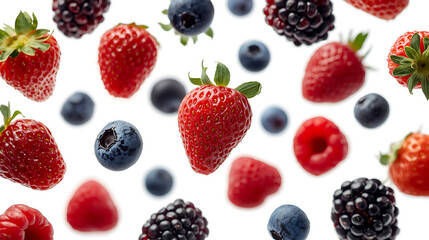 Ultra realistic food photography features fresh berries—strawberries, raspberries, blueberries, and blackberries—floating against a pure white background. The image showcases clean composition and mac