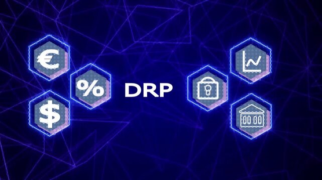 DRP Disaster Recovery Plan network diagram with icons Business Continuity DRP Network Diagram with System Icons Mechanism Background network connected with business future