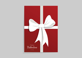 Elegant Valentine&rsquo;s Day card designed like a gift box with a white ribbon bow on red background.