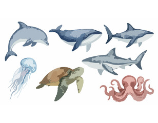Obraz premium Cute Watercolor Sea Animal Vector Set for Kids Education and Learning