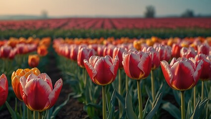 Vibrant red tulips blossom in a beautiful spring park garden, creating a colorful field of flowers where nature’s floral beauty blooms in every petal during the season