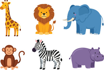 Cute wild animal cartoon vector set with giraffe lion elephant monkey zebra and hippopotamus characters isolated © Rozina Creative