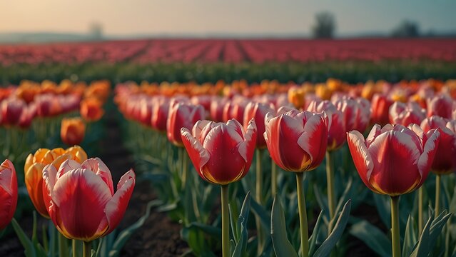 Vibrant red tulips blossom in a beautiful spring park garden, creating a colorful field of flowers where nature’s floral beauty blooms in every petal during the season - Powered by Adobe