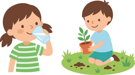 Cute children learning healthy habits drinking water and planting young plant outdoors cartoon illustration for kids education