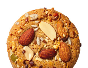 Close-up of a single cookie, studded with assorted nuts and seeds