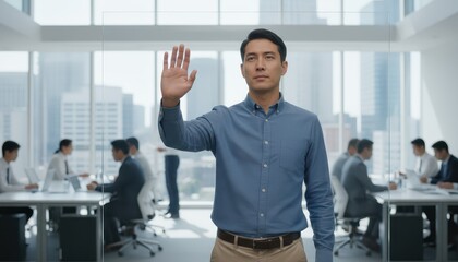 Asian Male Professional Using Transparent Touch Screen Interface in Bright Modern Corporate Office
