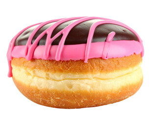 A close-up shot of a glazed baked good with chocolate and pink icing drizzle on top