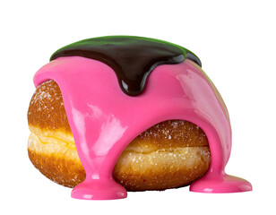 A scrumptious, isolated doughnut with vibrant pink frosting, dark chocolate drizzle, and a light sugar dusting