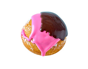 A top-down view of a glazed doughnut with a split frosting of chocolate and bright pink