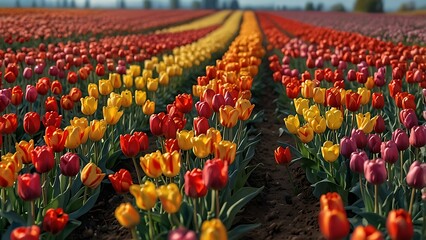 Vibrant red and yellow tulips bloom across a colorful spring field in the Netherlands, creating a breathtaking floral landscape filled with nature's beauty and bright garden blossoms
