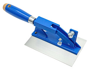 Close-up of a blue and silver tool, likely for tile or flooring. Angled on a black backdrop