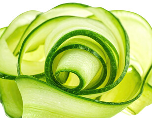 Close-up of a decorative arrangement made from thinly sliced green vegetable strips, shaped into a spiral