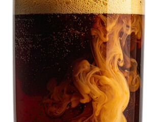 A close-up shot of a glass filled with dark liquid, showcasing a cream swirl
