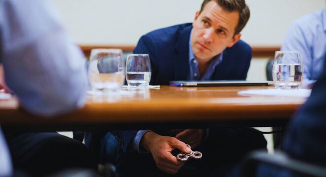 Business Man Discreetly Using Fidget Spinner Under Meeting Table for Focus