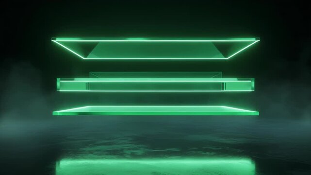 Futuristic neon green glowing 3D layers floating in a dark environment viewed from a low angle