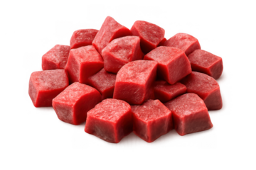 Raw beef cubes, fresh red meat chunks for stew, goulash, or cooking, transparent background
