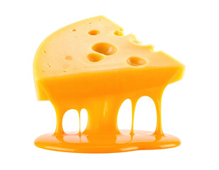 A triangular wedge of cheese with holes, partially melted and dripping