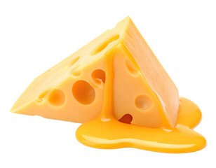 A close-up shot of a triangular block of Swiss cheese with melted, dripping edges