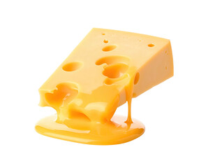 A block of Swiss cheese with melted, golden cheese flowing down its side, on a black background