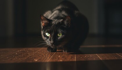 Black Cat with Striking Green Eyes Crouching on Wooden Floor in Dramatic Low Key Lighting