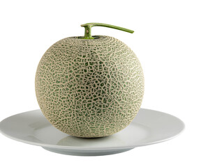 Fresh ripe cantaloupe resting on a white plate with a clean studio background