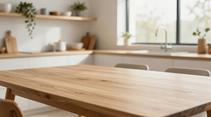 Modern kitchen with wooden table and open window during daytime in a simple design Generative AI